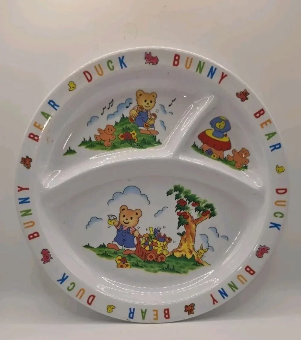 Vintage Melamine Ware Divided Children's Plate Bear Duck Bunny Made in China